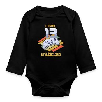Retro Video Game Lover Age 13 Level Unlocked - Organic Longsleeve Baby Bodysuit - black - Front