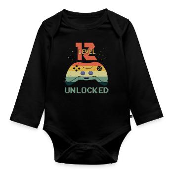 Vintage Video Game Lover Age 12 Level Unlocked - Organic Longsleeve Baby Bodysuit - black - Front