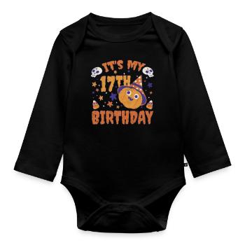 Halloween Cute Pumpkin Trick Treat Birth Age 17 - Organic Longsleeve Baby Bodysuit - black - Front