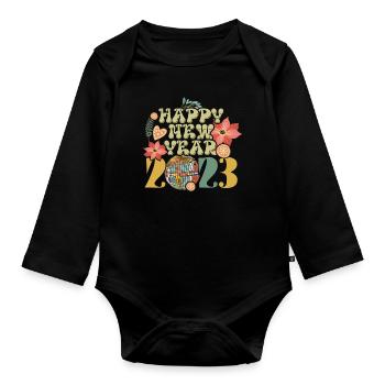 Neujahr 2023 Hallo 2023 Groovy New Year Vintage - Baby Bio-Langarm-Body - Schwarz - Vorne