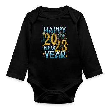 Fête du Nouvel An en famille 2023 Bonjour Nouvel An 2023 - Body Bébé bio manches longues - noir - Devant