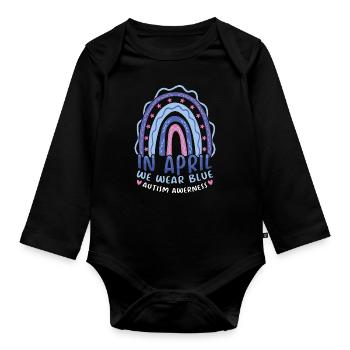 In April Blue For Autism Awareness Month - Organic Longsleeve Baby Bodysuit - black - Front