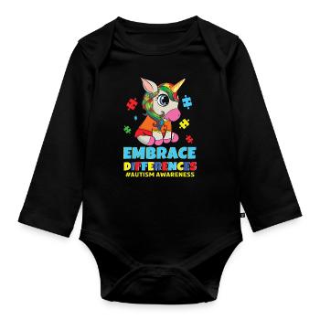 Different Colorful Puzzle Unicorn Autism Awareness - Organic Longsleeve Baby Bodysuit - black - Front