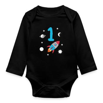 1. Geburtstag Rakete und Weltraum - Baby Bio-Langarm-Body - Schwarz - Vorne