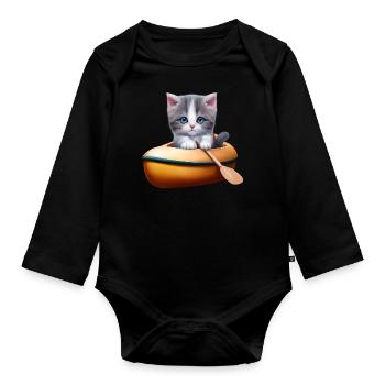 Cute cat in kayak - Organic Longsleeve Baby Bodysuit - black - Front
