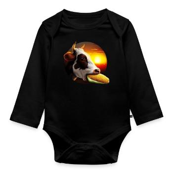 Cow enjoying corn - Organic Longsleeve Baby Bodysuit - black - Front