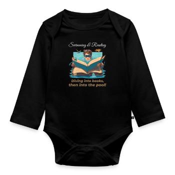 Swimming and Reading Swimmer Reader Book Lover - Organic Longsleeve Baby Bodysuit - black - Front