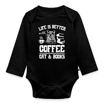 Life is Better with Coffee Cat and Books - Baby Bio-Langarm-Body - Schwarz - Vorne