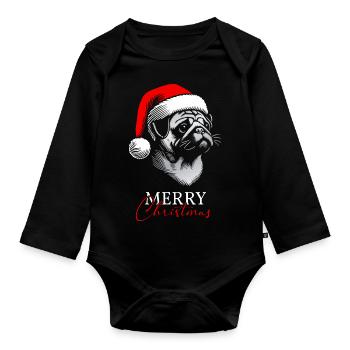 Mops Merry Christmas, Hundekopf, Zeichnung - Baby Bio-Langarm-Body - Schwarz - Vorne