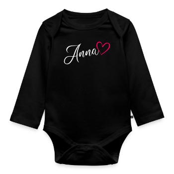 Anna Nom de famille Prénom Coeur Rose - Body Bébé bio manches longues - noir - Devant