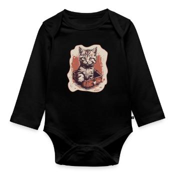 Heart and cat in a box - Organic Longsleeve Baby Bodysuit - black - Front