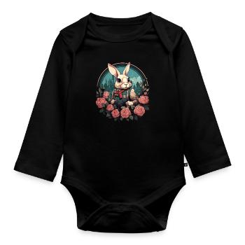 Lapin avec des roses - Body Bébé bio manches longues - noir - Devant