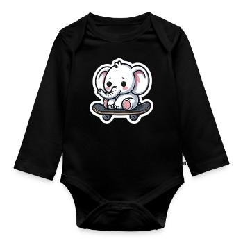 Cute baby elephant with skateboard Elephant mom - Organic Longsleeve Baby Bodysuit - black - Front