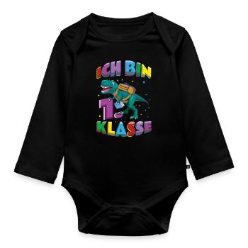 Je suis inscrit en 1ère année de dinosaure - Body Bébé bio manches longues - noir - Devant