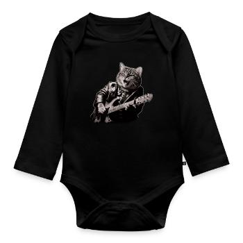 Rocker Cat Playing Guitar Instruments Meow - Organic Longsleeve Baby Bodysuit - black - Front