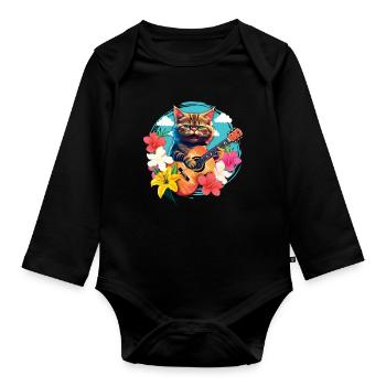 Musiker Katze Spielt Gitarre Floral Rock Aloha - Baby Bio-Langarm-Body - Schwarz - Vorne