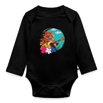 Musician Cat Plays Guitar Instruments Rock Aloha - Organic Longsleeve Baby Bodysuit - black - Front