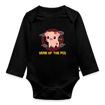 Année Du Cochon Kawaii Mignon Nouvel An Chinois - Body Bébé bio manches longues - noir - Devant