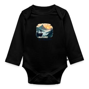 Nature is my Therapy - Hiking in the mountains - Organic Longsleeve Baby Bodysuit - black - Front