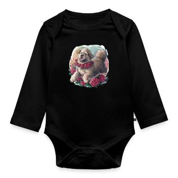 Mignon dessin animé Terre-Neuve chien avec des roses - Body Bébé bio manches longues - noir - Devant