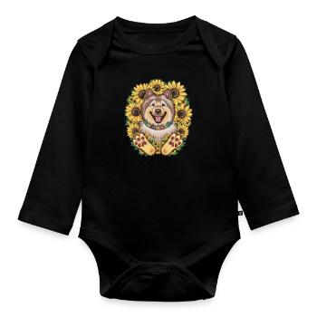 Cute Wolfspitz with sunflowers. - Organic Longsleeve Baby Bodysuit - black - Front