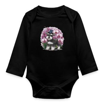 Cartoon Zwergschnauzer mit wundervollen Orchideen - Baby Bio-Langarm-Body - Schwarz - Vorne