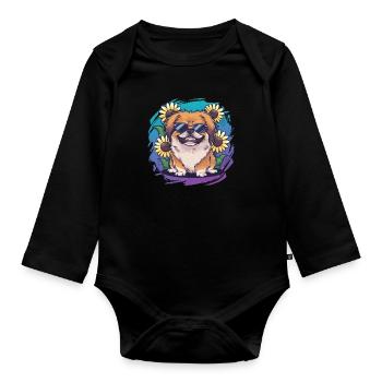 Summery sunflower motif with sweet Pekingese. - Organic Longsleeve Baby Bodysuit - black - Front