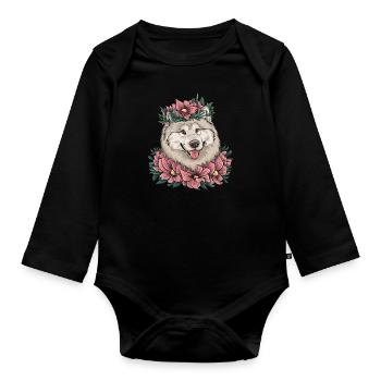Dentelle de style dessin animé Samoyède avec de belles fleurs - Body Bébé bio manches longues - noir - Devant