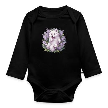 Spitz Samoyède doux avec un beau lilas - Body Bébé bio manches longues - noir - Devant