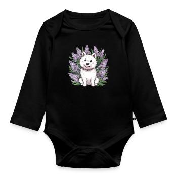 Spitz Samoyède doux avec un beau lilas - Body Bébé bio manches longues - noir - Devant