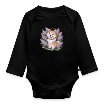Spitz Samoyède doux avec un beau lilas - Body Bébé bio manches longues - noir - Devant