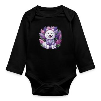 Spitz Samoyède doux avec un beau lilas - Body Bébé bio manches longues - noir - Devant