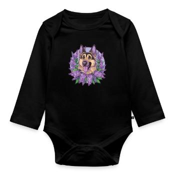 Cute German Shepherd with Lilac - Organic Longsleeve Baby Bodysuit - black - Front