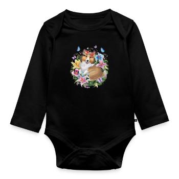 Sheltie mit Orchideen, Lillien und Schmetterlingen - Baby Bio-Langarm-Body - Schwarz - Vorne