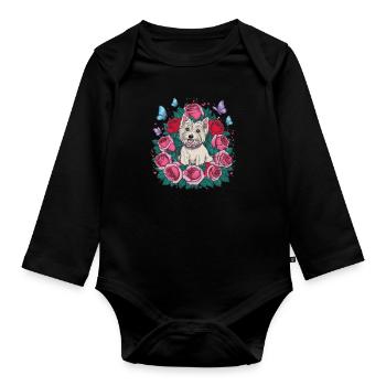 West Highland White Terrier with Roses - Organic Longsleeve Baby Bodysuit - black - Front