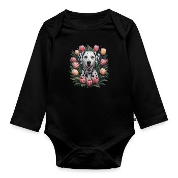 Süßer Dalmatiner mit Tulpen - Baby Bio-Langarm-Body - Schwarz - Vorne