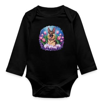 Cartoon Deutscher Schäferhund mit Orchideen - Baby Bio-Langarm-Body - Schwarz - Vorne