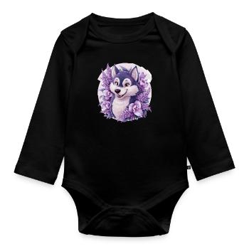 Cartoon Husky with Tulips, Lilac for Husky Fans - Organic Longsleeve Baby Bodysuit - black - Front