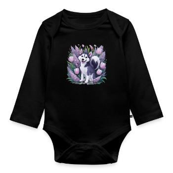 Cartoon Husky with Tulips, Lilac for Husky Fans - Organic Longsleeve Baby Bodysuit - black - Front
