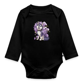 Süßer Cartoon Husky mit hübschen Orchideen - Baby Bio-Langarm-Body - Schwarz - Vorne