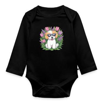 NBichon Frisé with Tulips and Lilac - Organic Longsleeve Baby Bodysuit - black - Front