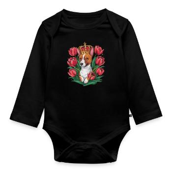 Cartoon Basenji Dog with Crown and Tulips - Organic Longsleeve Baby Bodysuit - black - Front