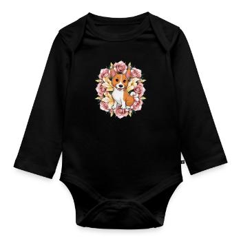 Basenji Hund mit Rosen und Lillien - Baby Bio-Langarm-Body - Schwarz - Vorne