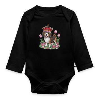 Cute Lion Dog with Flowers and Crown - Organic Longsleeve Baby Bodysuit - black - Front