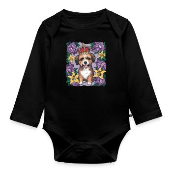 Süßer Löwchen Hund mit Blumen und Krone - Baby Bio-Langarm-Body - Schwarz - Vorne