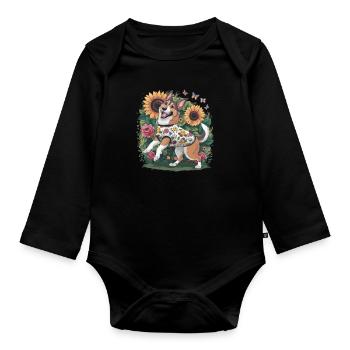 Chien d’élan norvégien avec roses, papillons - Body Bébé bio manches longues - noir - Devant