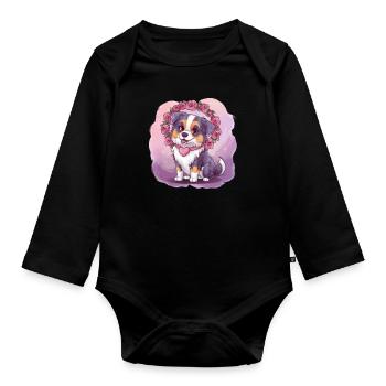 Cartoon Australischer Schäferhund mit Rosen - Baby Bio-Langarm-Body - Schwarz - Vorne