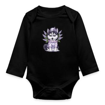 Cute cartoon husky with lilac - Organic Longsleeve Baby Bodysuit - black - Front