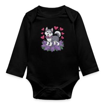 Cute cartoon husky with lilac - Organic Longsleeve Baby Bodysuit - black - Front