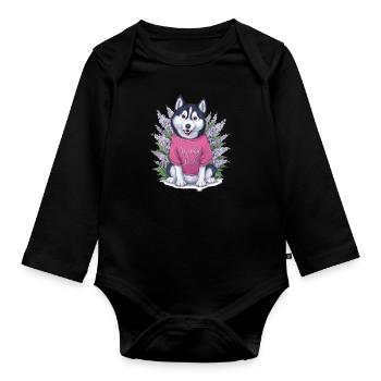 Cute cartoon husky with lilac - Organic Longsleeve Baby Bodysuit - black - Front